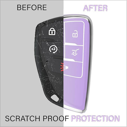 QBUC for Chevy Key Fob Cover with Keychain Soft TPU Protection Case Compatible with 2021-2026 Chevy Equinox Blazer Tahoe Suburban GMC Yukon Denali Silverado 5-Buttons(Chrome Trim Purple)