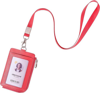 Badge Holder – Genuine Leather ID Badge Holder with Zipper Pocket and Nylon Lanyard – Perfect for Badges, Cards, and More