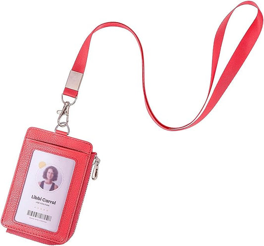 Badge Holder – Genuine Leather ID Badge Holder with Zipper Pocket and Nylon Lanyard – Perfect for Badges, Cards, and More