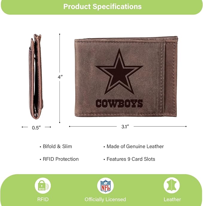 Team Sports America NFL Dallas Cowboys Front Pocket Slim Wallet for Men | Minimalist Leather RFID Blocking Bifold Card Holder with Money Clip | Officially Licensed Stamped Logo