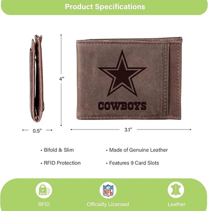 Team Sports America NFL Dallas Cowboys Front Pocket Slim Wallet for Men | Minimalist Leather RFID Blocking Bifold Card Holder with Money Clip | Officially Licensed Stamped Logo