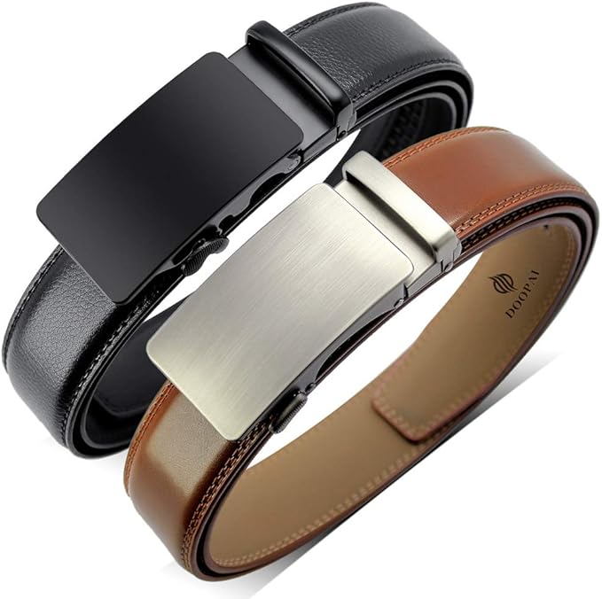 DOOPAI Men's 2 Pack Ratchet Dress Belt - Adjustable 1 3/8" Genuine Leather, Size Length Can Be Cut, With Gift Box