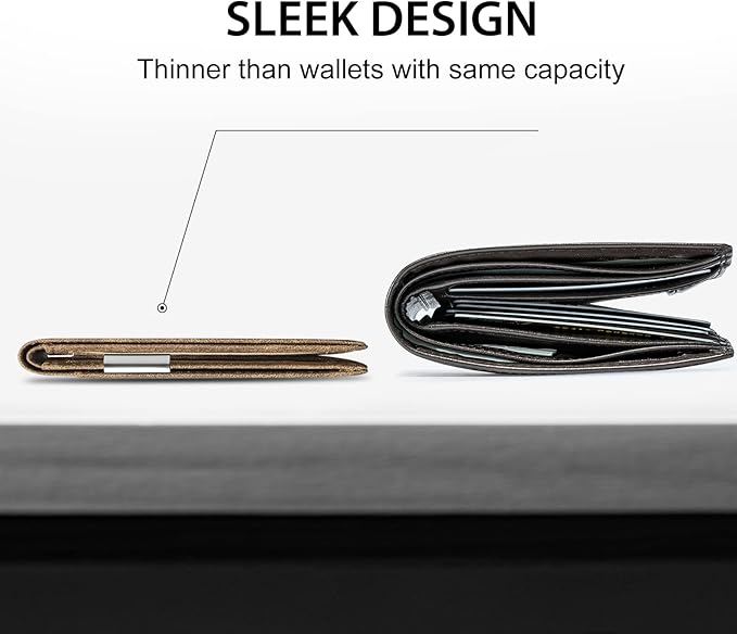 GSOIAX Men's Slim RFID Blocking Leather Wallet with Money Clip | Minimalist Carbon Fiber Bifold Credit Card Holder | 11 Card Slots | Gift Box Included(Leather Brown)