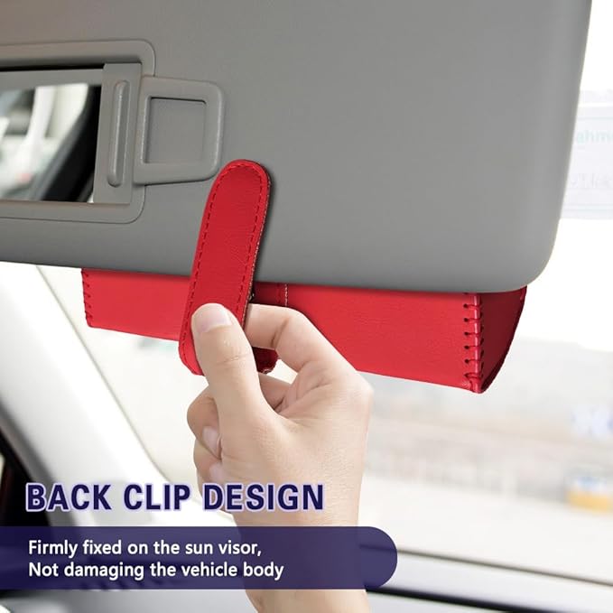 Sunglasses Holder for Car Sun Visor, Sunglass Organizer for Car, Magnetic Leather Eyeglasses Protective Storage Case, Waterproof Glasses Organizer Visor Accessories for Vehicles (Red)
