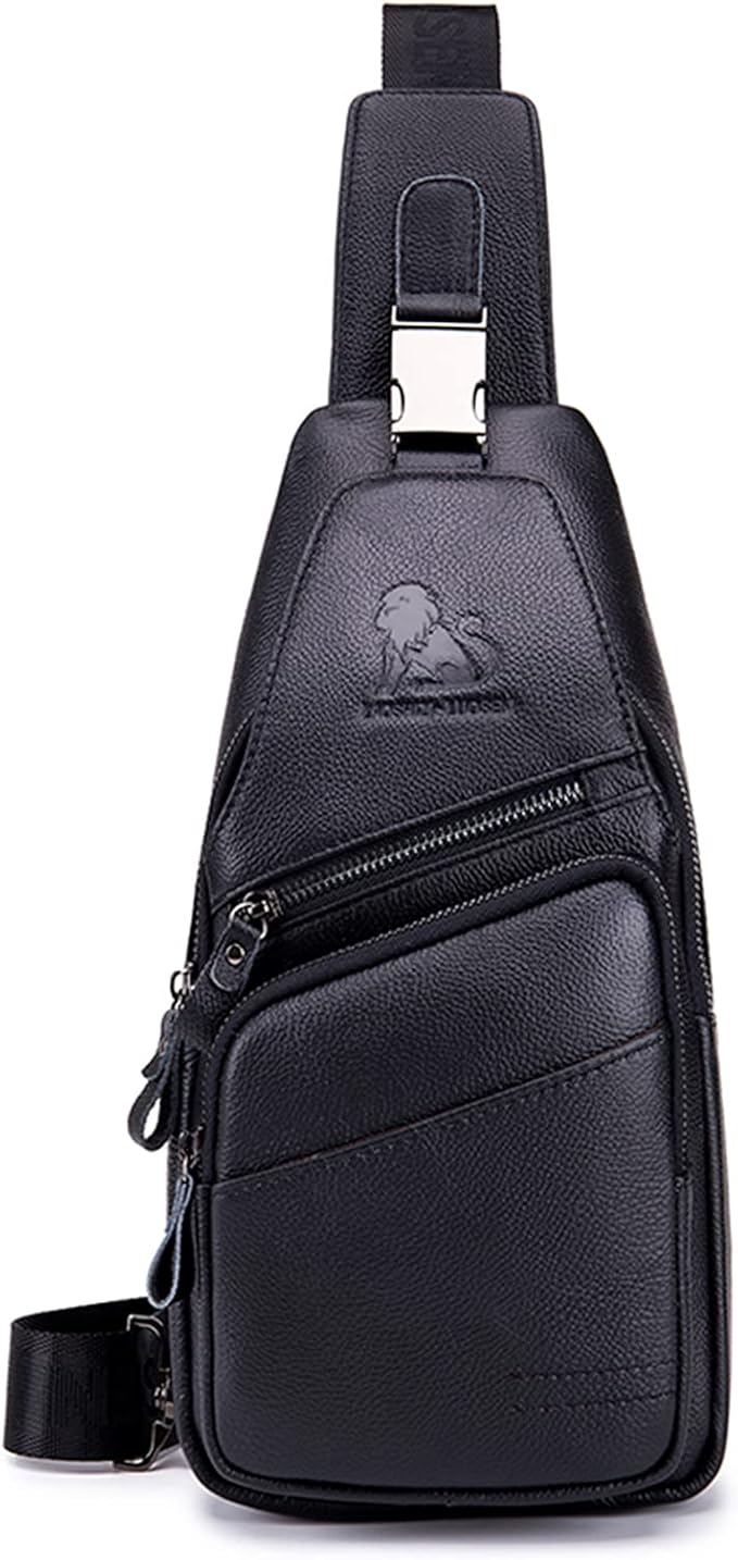 Pundarika Leather Sling Bag for Men - Crossbody Shoulder & Chest Bag; Multifunctional Travel & Hiking Backpack - Black