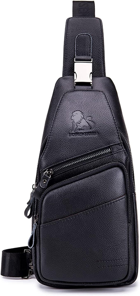Pundarika Leather Sling Bag for Men - Crossbody Shoulder & Chest Bag; Multifunctional Travel & Hiking Backpack - Black
