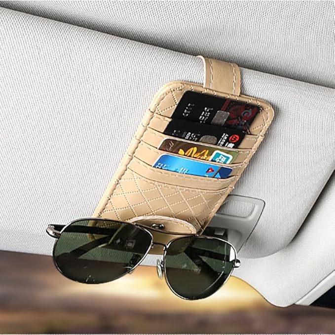 Car Sun Visor Leather Organizer Pocket - Card & Glasses Holder, Stylish Interior Accessory (Beige)