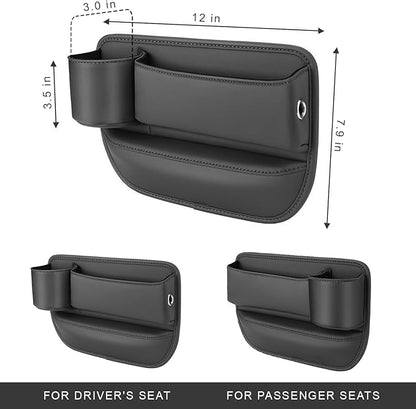 2-Pack car seat Gap Filler Organizer with Cup Holder, Adjustable Car Seat Gap Storage Box Leather with Cup Holder for Phones Glasses Keys Cards (Black. Driver- Passenger)