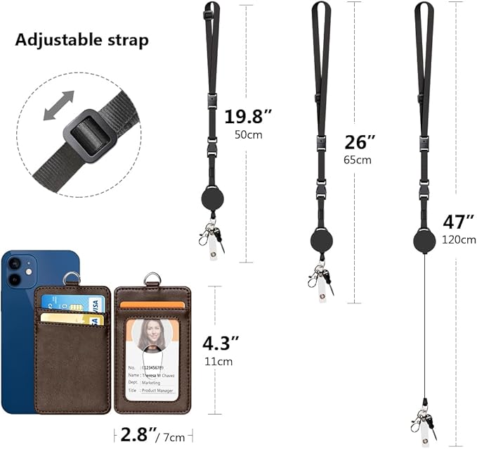 Leather Badge Holder and Adjustable Retractable Lanyards, Quick Release Buckle and Safety Breakaway Lanyards with Swivel Metal Clasp for Offices, Staff, Students, Employees
