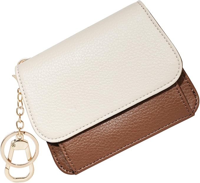 Women Small Wallet RFID Blocking Slim Wallet with Coin Pocket Tri-Fold Credit Card Holder with ID Window and Keychain(Beige＆Brown)