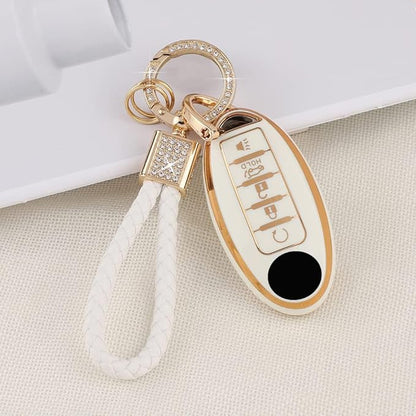 PIFOOG Accessories for Nissan Key Cover TPU Car Keys Shell Chain Waterproof Fit Altima Sentra Rogue Pathfinder Murano Armada Maxima Versa Remote Key White Girly