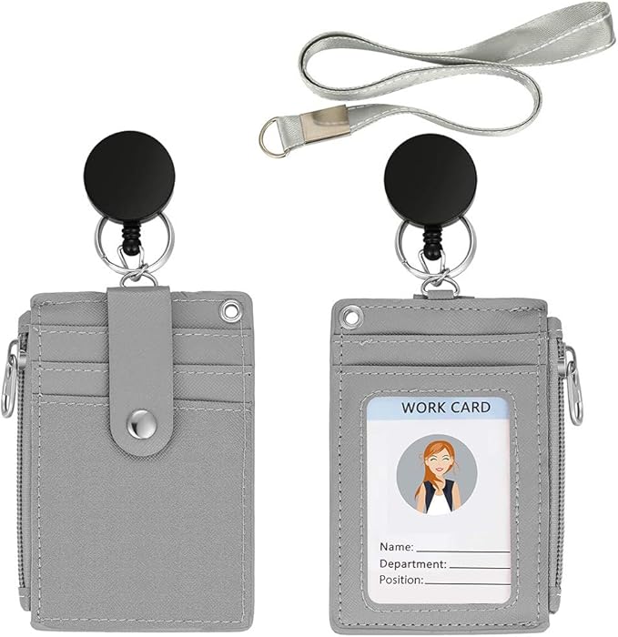 【2025 Latest】 Cute ID Badge Holder Retractable Lanyard Reel Clip with Heavy Duty Carabiner, 5 Card Slots in 2 Sided with Key Ring and Zipper for Students Teens Boys Girls Office Staff Women (Grey)