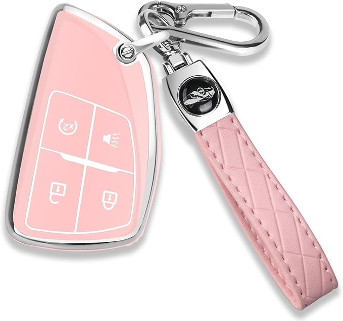 QBUC for Chevy Key Fob Cover with Keychain Soft TPU Protection Case Compatible with 2021-2026 Chevy Colorado Equinox Silverado GMC Canyon Sierra Terrain 4-Buttons(Chrome Trim Pink)