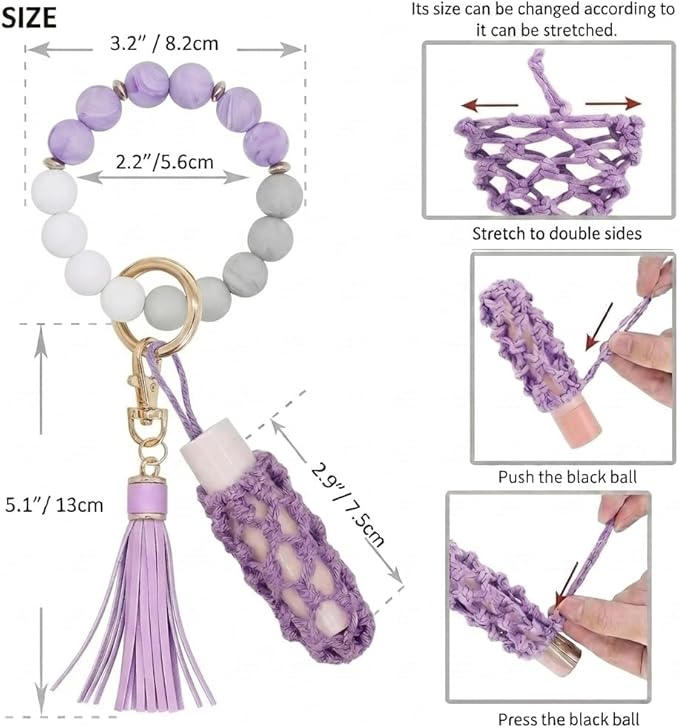 BIHRTC Silicone Key Ring Bracelets Wristlet Keychain Wallet with Net Chapstick Holder for Women