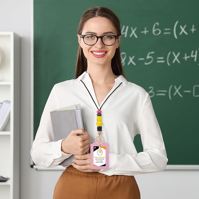 Teacher Lanyards for ID Badges - Teacher Lanyard with ID Holder, Silicone Beaded Breakaway Leather Tassel Keychain Accessories, Appreciation Gifts for Women Employee(Pink Beige)