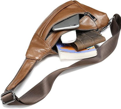 Hebetag Leather Crossbody Sling Bag for Men Women Single Shoulder Chest Pack Backpack Outdoor Travel Camping Casual Daypack Brown
