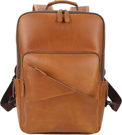 STAR VISTA 15.6" Trajan Vintage Full Grain Leather Laptop Backpack for Men, Multi Pockets, Casual Outdoor Business Travel Rucksack, YKK Zippers, Light Brown