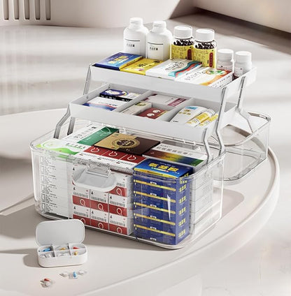 3-Tier 12 x 9 x 7 Medicine Organizer, Medicine Cabinet Organizer with Portable Pill Case, Multipurpose Plastic Box for Storage Empty First Aid Box