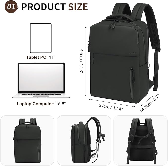 Lightweight 20L Commute Backpack for Men & Women, Water-Resistant Travel Daypack with 15.6-Inch Laptop Compartment & Anti-Theft Pockets, Black