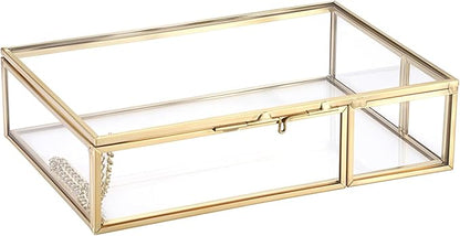 Hipiwe Gold Glass Photo Box,Vintage Photo Storage Organizer, Trinket Box Jewelry Display Organizer Keepsake Box Case Home Decor (Small)