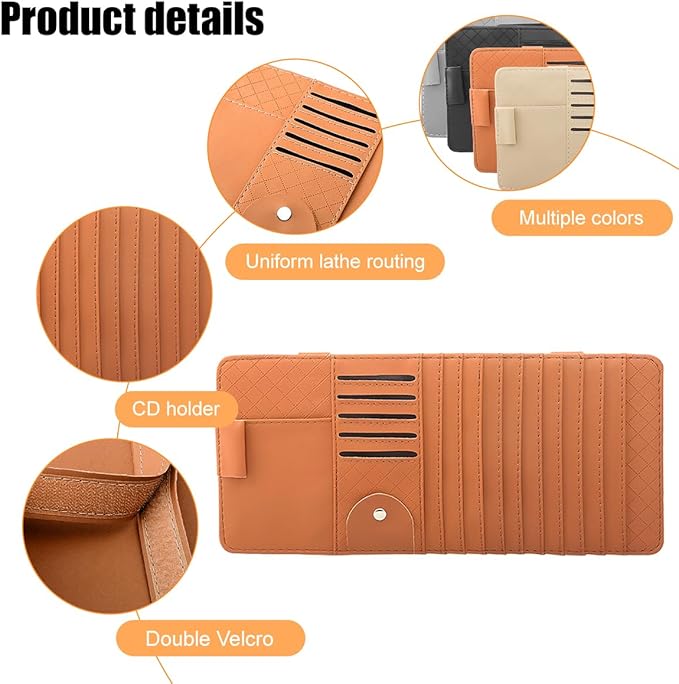 Zpana Car Sun Visor CD Case Holder, Multi-Function Vehicle DVD Eyeglass Organizer Clip with 10 DVD Storage Sleeves, Automotive Card Slots & Pen Holder Bag, Universal for SUV RV Truck (Brown)