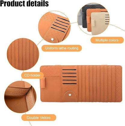 Zpana Car Sun Visor CD Case Holder, Multi-Function Vehicle DVD Eyeglass Organizer Clip with 10 DVD Storage Sleeves, Automotive Card Slots & Pen Holder Bag, Universal for SUV RV Truck (Brown)