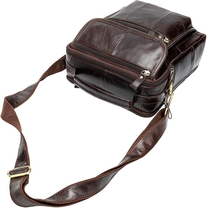 Hebetag Small Leather Sling Shoulder Bag Messenger Pack for Men Women Outdoor Travel Business