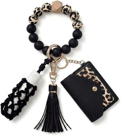 BIHRTC Silicone Key Ring Bracelets Wristlet Keychain Wallet with Net Chapstick Holder for Women