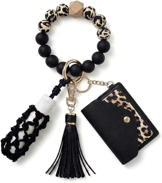 BIHRTC Silicone Key Ring Bracelets Wristlet Keychain Wallet with Net Chapstick Holder for Women
