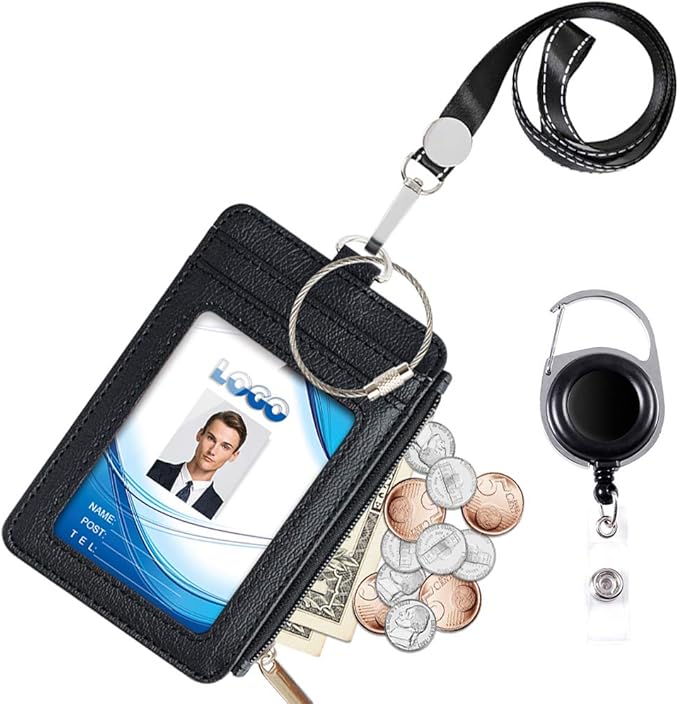 Badge Holder with Zipper, Life-Mate PU Leather ID Badge Card Holder Wallet Case with 5 Card Slots Zipper Pocket 19" Polyester Neck Lanyard Heavy Duty Metal Retractable Badge Reel (Black)
