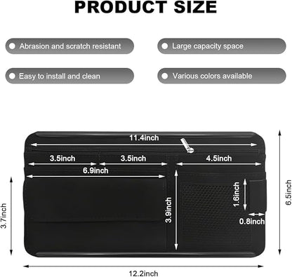 Car Sun Visor Organizer, Leather Sun Visor Pocket Organizer Case with Multi-Pocket Net Zipper, Suede Note Holder Car Visor Storage Pouch for Card Pen Sunglasses Document (Black)