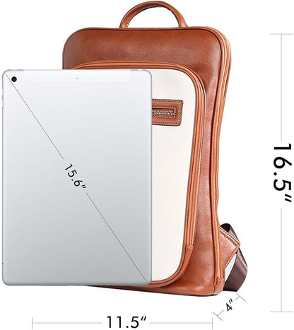 Leather Laptop Backpack, Women and Men Backpack Travel Business Work College Water Resistant Anti Theft Daypack Slim Large fits for 15.6 inch Notebook Computer bag, Off White+ Brown…