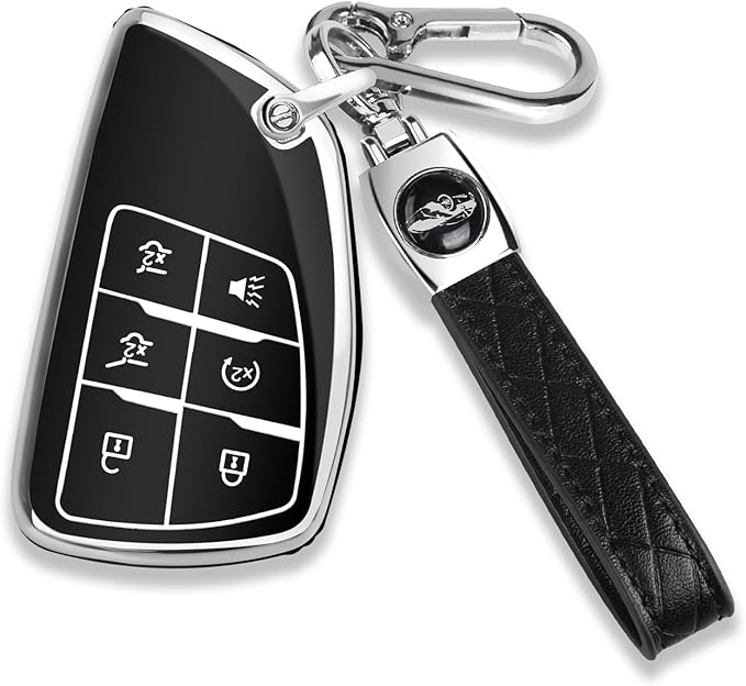 QBUC for Chevy Key Fob Cover with Keychain Soft TPU Protection Case Compatible with 2021-2026 Chevy Tahoe Suburban GMC Yukon Denali Silverado 6-Buttons(Chrome Trim Black)