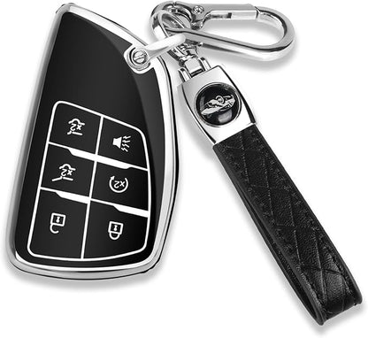 QBUC for Chevy Key Fob Cover with Keychain Soft TPU Protection Case Compatible with 2021-2026 Chevy Tahoe Suburban GMC Yukon Denali Silverado 6-Buttons(Chrome Trim Black)