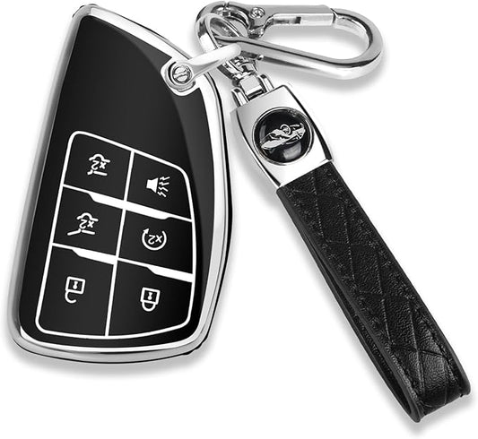 QBUC for Chevy Key Fob Cover with Keychain Soft TPU Protection Case Compatible with 2021-2026 Chevy Tahoe Suburban GMC Yukon Denali Silverado 6-Buttons(Chrome Trim Black)