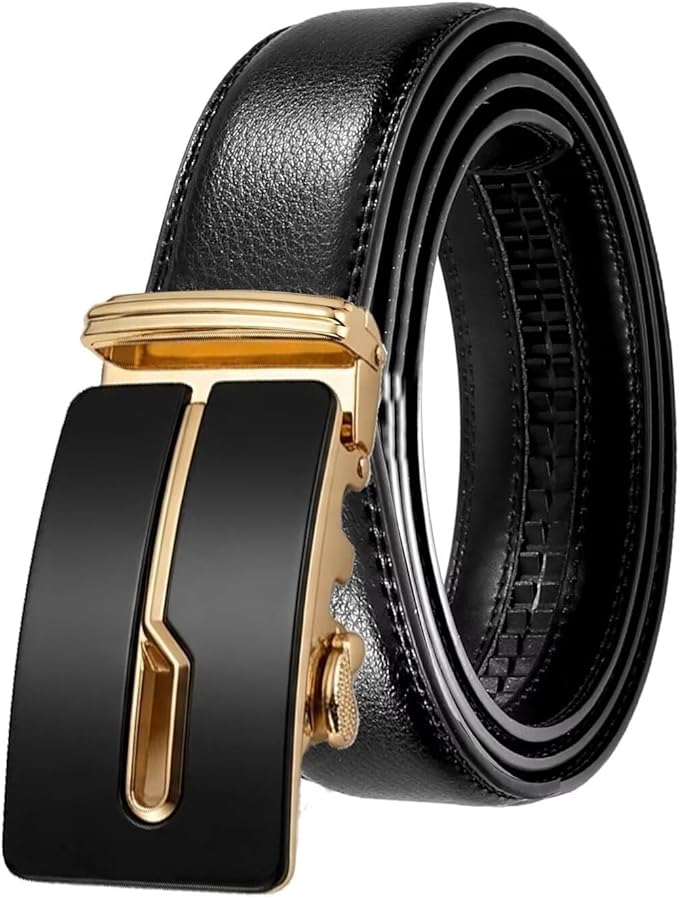 JINIU Men's Ratchet Belt Buckle, Black Genuine Leather Slide Belt for Men Dress Suit, Micro Adjustable Trim to Fit Boxed