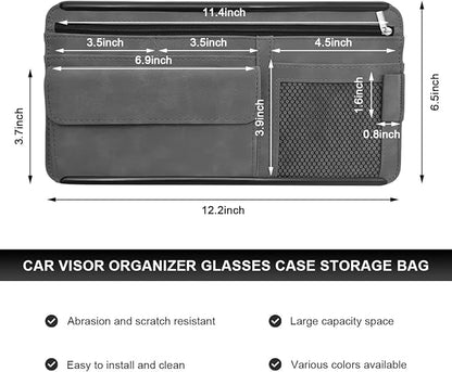 Car Sun Visor Organizer, Soft Leather Auto Sunshade Glasses Storage Bag with Multi-Pocket Net Zipper, Scratch-Resistant Vehicle Visor Pocket Eyeglasses Case Note Holder (Gray)