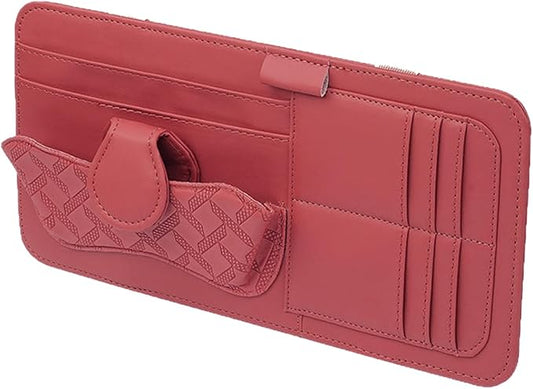 Car Sun Visor Organizer, Multi-Function Leather Car Visor Storage Pouch for Sunglasses Cards Licenses Pens, Multi-Pocket Visor Organizer, Universal for SUV, Sedan, Truck (Red)