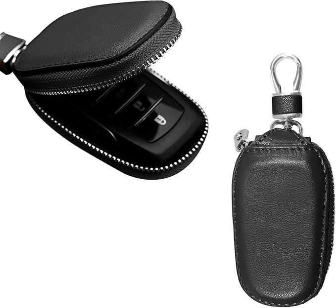 Car Key Case, Genuine Leather Auto Key Fob Cover Case, Key Fob Protector with Metal Hook, Car Smart Keychain Holder (Black)
