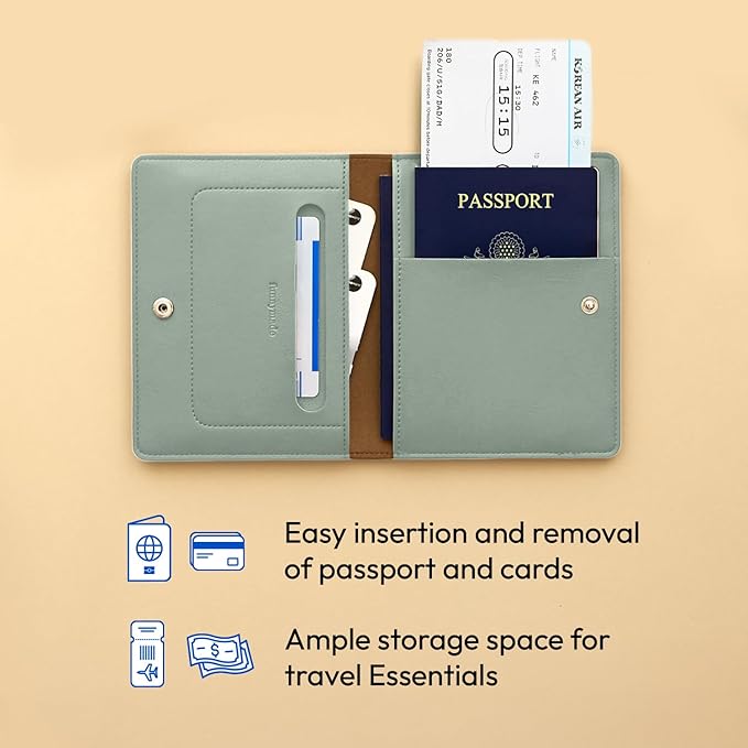 carrotez Family Travel Document Organizer – Premium RFID Blocking Leather Passport Holder & Wallet for 2 Passports, Cards, Boarding Passes & Travel Essentials – Mint Grey