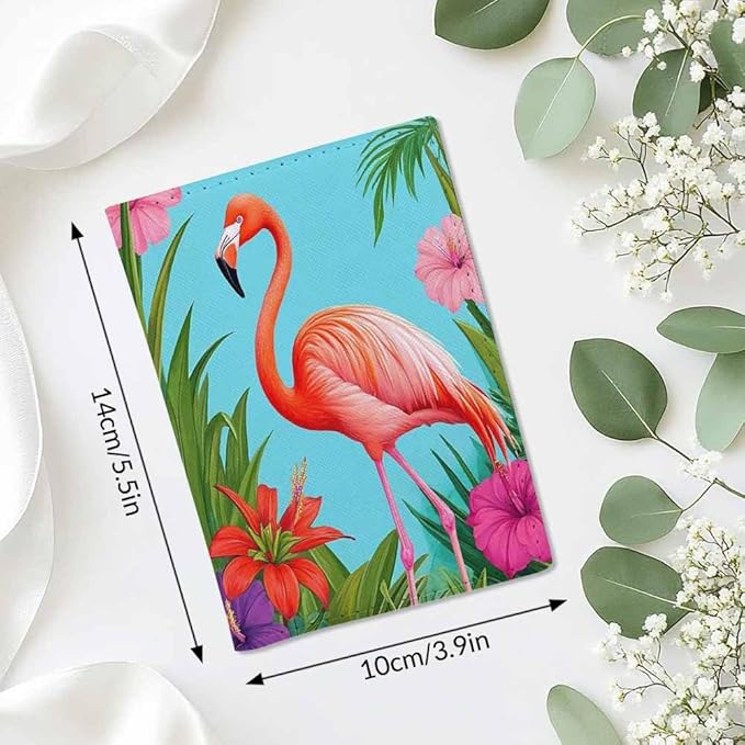 Flamingo Passport Holder for Travel Red Flower Green Leaves Exotic PU Leather Passport Cover Wallet Cute Passport Card Holder for Women and Men