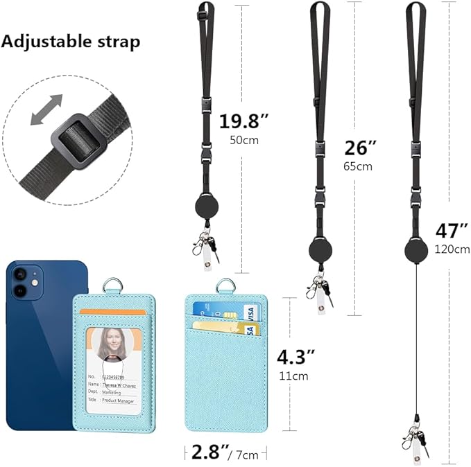 Leather Badge Holder and Adjustable Retractable Lanyards, Quick Release Buckle and Safety Breakaway Lanyards with Swivel Metal Clasp for Offices, Staff, Students, Employees
