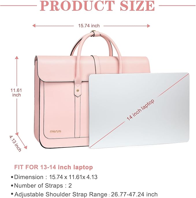 MOSISO Laptop Bag for Women, 13-14 inch PU Leather Laptop Shoulder Bags Convertible Backpack, 13.3 inch Messenger Bags Casual Handbag Work Briefcase Travel Computer Bag with Bowknot, Pink