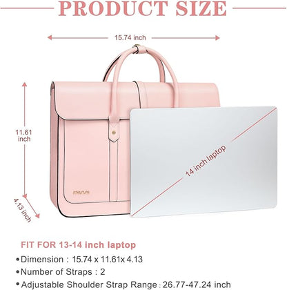 MOSISO Laptop Bag for Women, 13-14 inch PU Leather Laptop Shoulder Bags Convertible Backpack, 13.3 inch Messenger Bags Casual Handbag Work Briefcase Travel Computer Bag with Bowknot, Pink