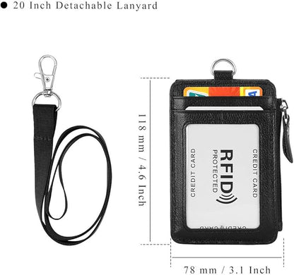 Badge Holder with Zipper Genuine Leather RFID Keychain Wallet Neck Lanyards with Swivel Hook for Card/Coin/Cash, Black