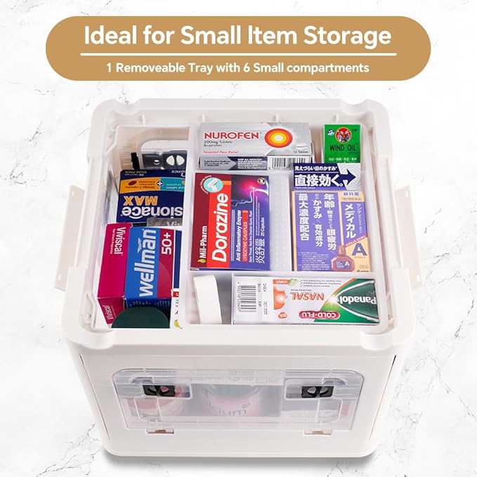 DOUKE 22qt Medicine Organizer Storage Box – Plastic First Aid Box Empty with Lid, Stackable Medical Container with Handle & Wheels, Sturdy BPA-Free Case with Tray for Medication & Supplies