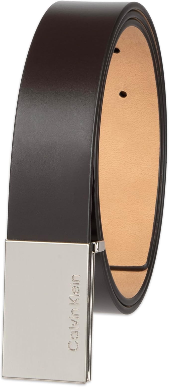 Calvin Klein Men's Plaque Buckle Belt - Casual Modern Style With Logo Detail for Jeans and Dress Pants