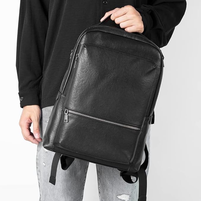 15.6 Inch Genuine Leather Laptop Backpack for Men Women, Business Travel Backpack Hiking Rucksack Daypack (2#Black)