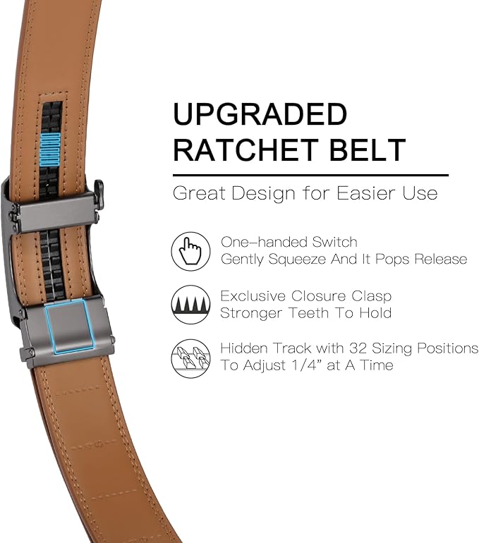 SENDEFN Men's Leather Belt Automatic Ratchet Buckle Slide Belt for Dress Casual Trim to Fit with Gift Box