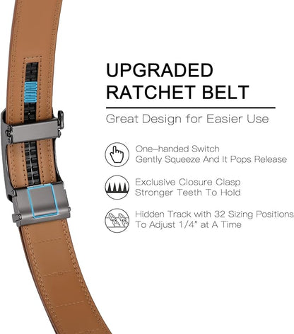 SENDEFN Men's Leather Belt Automatic Ratchet Buckle Slide Belt for Dress Casual Trim to Fit with Gift Box